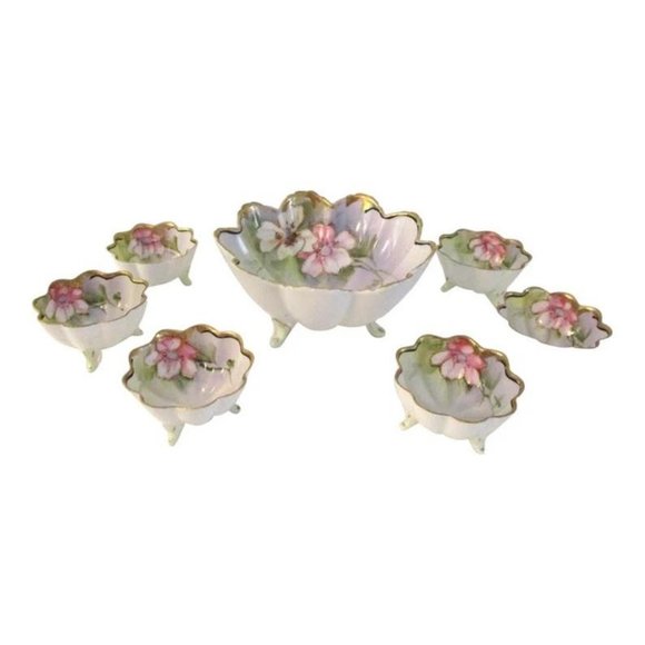 Antique Nippon Porcelain Floral Footed Salt Cellars W/Master Bowl, 7 Pcs - Picture 1 of 5